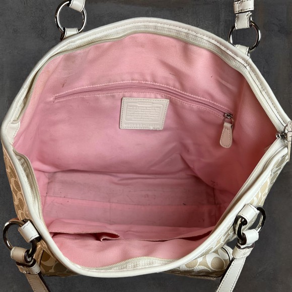 Coach Signature Leah Large Shoulder‎ Tote Bag Khaki White 15135 Handbag Purse - Picture 9 of 11